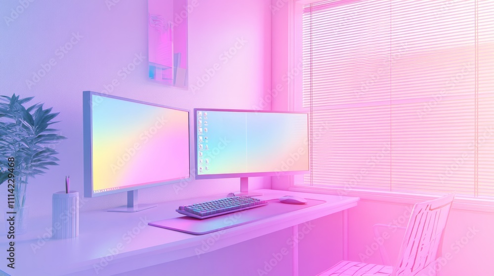 Home office room in pastel violet pink color aesthetic during the day Home office room in pastel violet pink color aesthetic during the day
