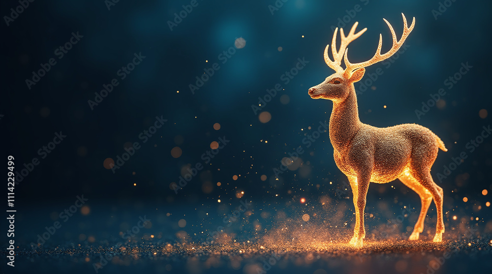 Beautiful Golden Deer Silhouette with Glowing Particles and Bokeh Lights on Background, Christmas Holiday Magic, with Copy Space, Banner, Greetings Card Beautiful Golden Deer Silhouette with Glowing Particles and Bokeh Lights on Background, Christmas Holiday Magic, with Copy Space, Banner, Greetings Card