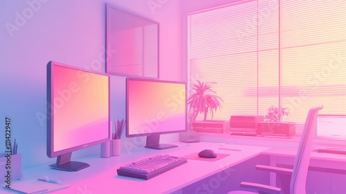 Home office room in pastel violet pink color aesthetic during the day photo