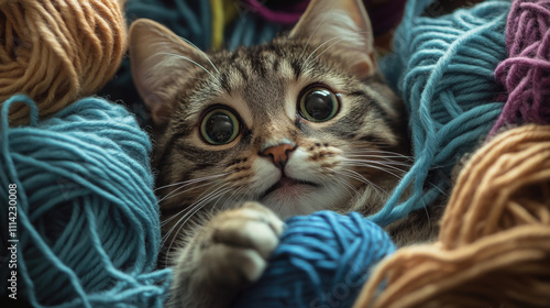 Perplexed cat tangled in colorful yarn - adorable feline expression for creative projects photo