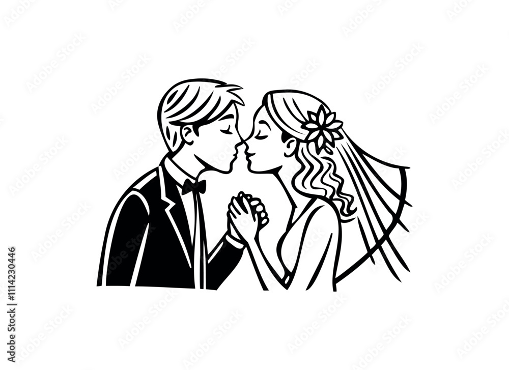 Romantic Wedding Couple Illustration: Bride and Groom Kiss in Black and White Romantic Wedding Couple Illustration: Bride and Groom Kiss in Black and White