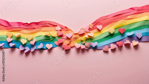 LGBT pride products in a flat laytop view: rainbow-colored paper hearts in line composition on a pastel pink background photo