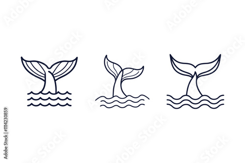 Set of whale tail with wave silhouette vector clip art illustration transparent white background