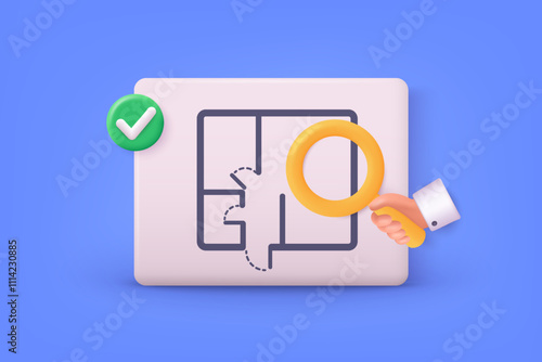 House plan editable stroke outline icon isolated on white background. 3D Web Vector Illustrations.