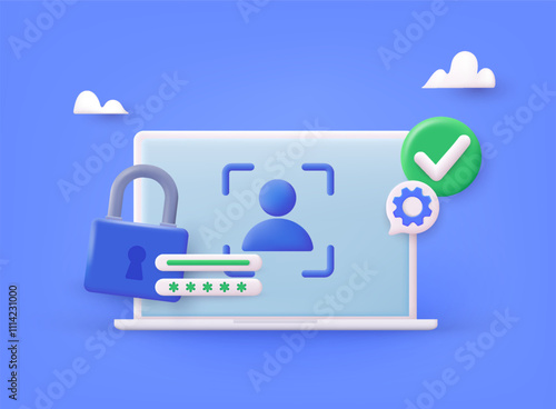 Computer and account login and password form page on screen. Sign in to account, user authorization, login authentication page concept. Username, password fields. 3D Web Vector Illustrations.