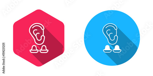 Filled and outline Earplugs and ear icon isolated with long shadow background. Ear plug sign. Noise symbol. Sleeping quality concept. Vector