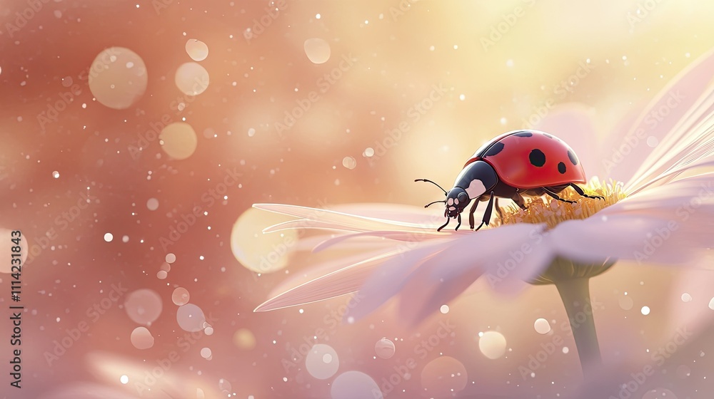 Naklejka premium A ladybug resting on a daisy petal with a blurred floral background