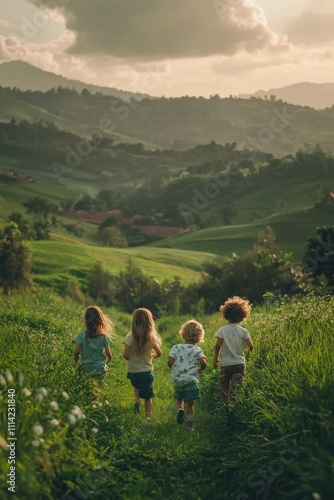 Children Exploring a Scenic Green Landscape with Rolling Hills and Dramatic Skies during Golden Hour, Evoking a Sense of Adventure and Freedom in Nature