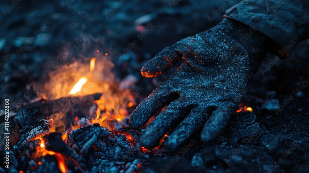 Naklejka premium A pair of gloves covered in soot, lying near a glowing fire pit, with ashes around them