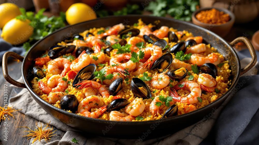 A close-up of a delicious, traditional seafood paella in a large, round paella pan. A close-up of a delicious, traditional seafood paella in a large, round paella pan.