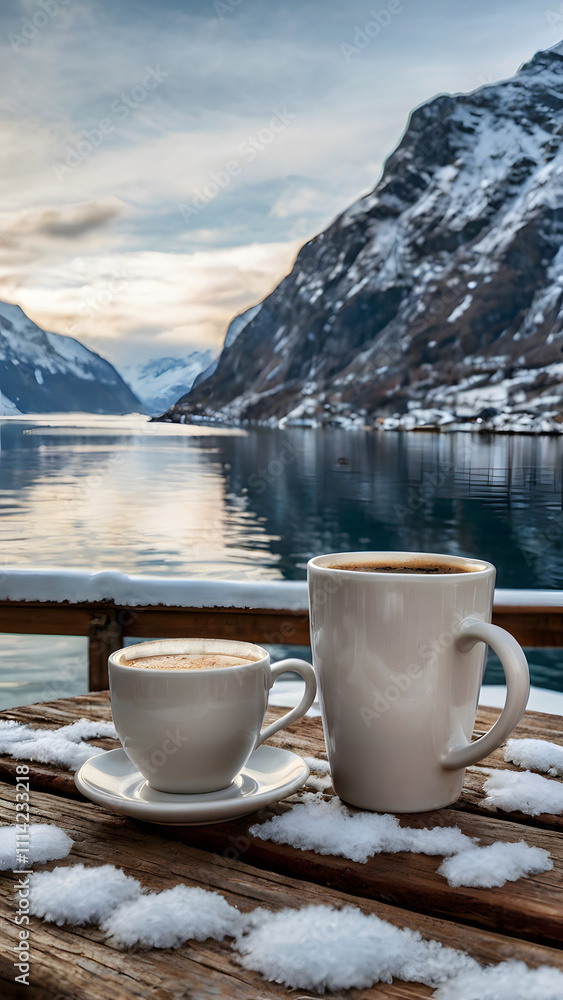 Escape to Nature: Coffee Overlooking a Mountain Lake Escape to Nature: Coffee Overlooking a Mountain Lake