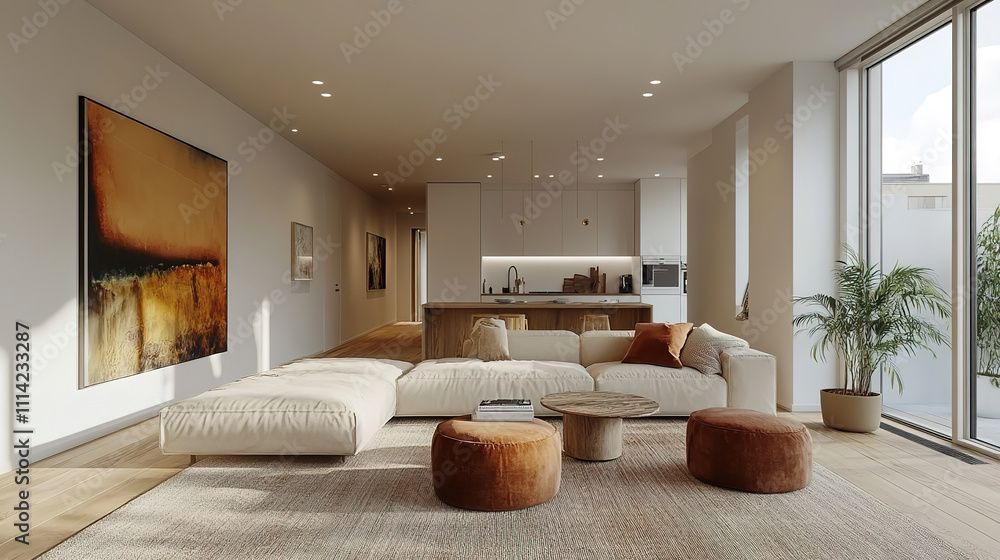 Fototapeta premium Contemporary Scandinavian Living Room in a Modern Apartment, 3D Interior Rendering