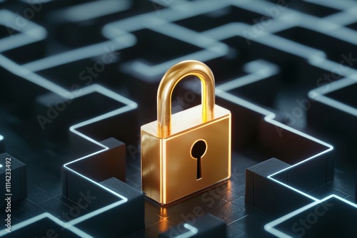 Wallpaper Mural Security lock with maze concept. A golden padlock on a maze background symbolizing security and protection. Torontodigital.ca