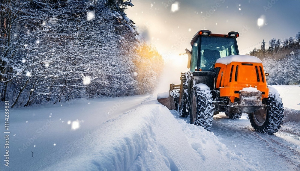 snow clearing tractor clears the way after heavy snowfall snow clearing tractor clears the way after heavy snowfall
