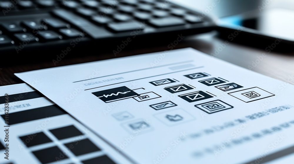 Close-up of UI UX design sketches on paper near keyboard and phone. Close-up of UI UX design sketches on paper near keyboard and phone.
