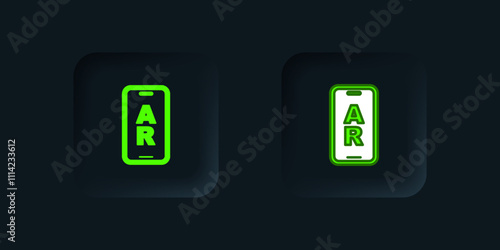 Green Augmented reality AR icon isolated on black background. Virtual futuristic wearable devices. Black square button. Vector