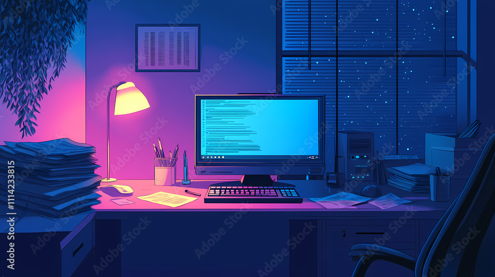 A late night in the abandoned office building, a computer screen emits a blue glow, a desk lamp casts a warm light, paperwork litters the walls. Solitude. Illustration A late night in the abandoned office building, a computer screen emits a blue glow, a desk lamp casts a warm light, paperwork litters the walls. Solitude. Illustration