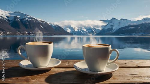Two Coffee Cups, One Stunning Mountain Lake Scene