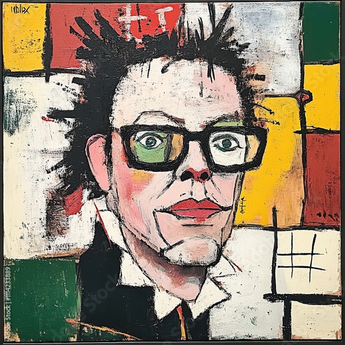 Abstract self-portrait painting of a man with spiky hair and glasses against a geometric background.