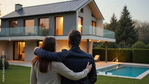 A couple is looking at their new modern home