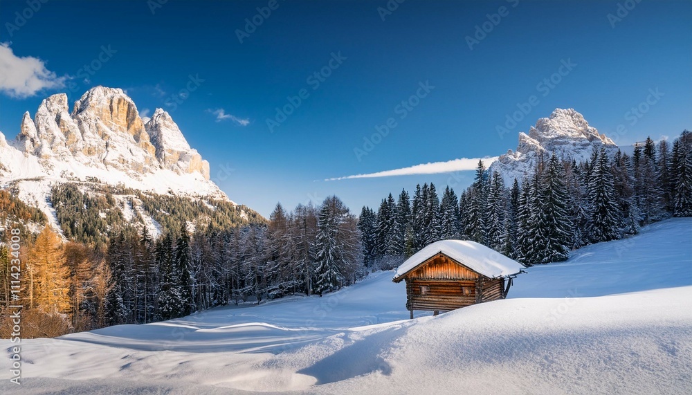wooden house in the snow in winter on the dolomites wooden house in the snow in winter on the dolomites
