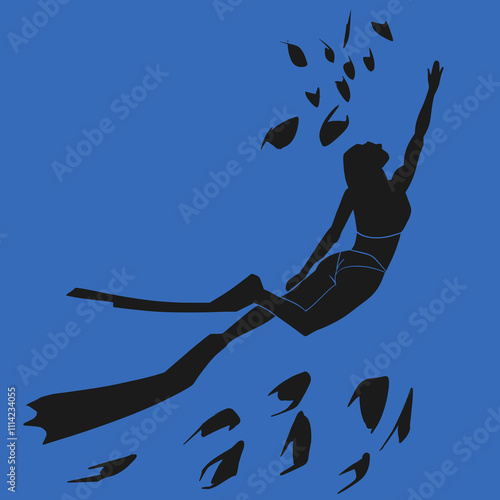 Vector Silhouette of a Freediver Swimming with Tropical Fish