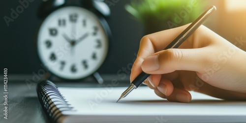 A close-up of a hand holding a pen against a notebook in frustration, with a clock in the background  photo