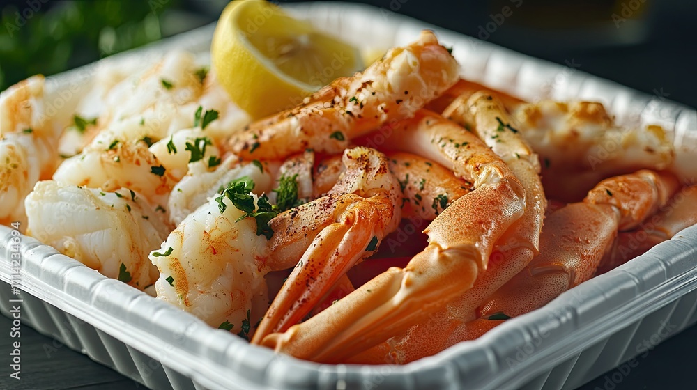 A seafood platter in a Styrofoam container, featuring shrimp, crab legs, and a lemon wedge A seafood platter in a Styrofoam container, featuring shrimp, crab legs, and a lemon wedge