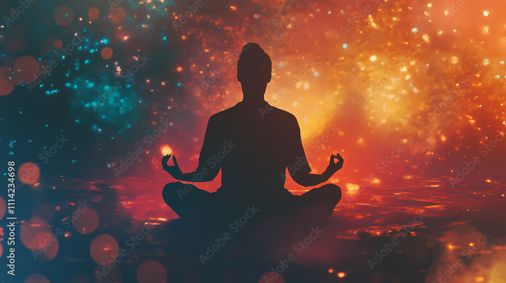 A serene figure meditating, surrounded by vibrant cosmic lights, representing peace, energy, and spiritual awakening. Solitude. Illustration A serene figure meditating, surrounded by vibrant cosmic lights, representing peace, energy, and spiritual awakening. Solitude. Illustration
