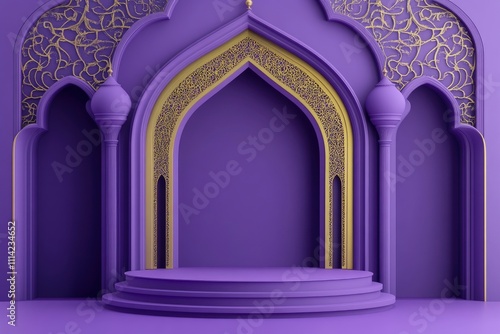 Islam theme product display background in 3d minimal purple design. Mosque portal frame with podium and blank space. 
