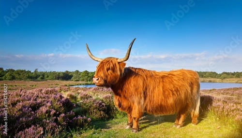 panoramic sunny view of a highland cow in dutch national park veluwezoom in gelderland photo