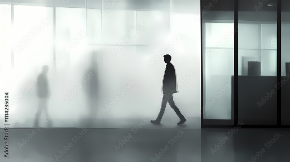A silhouette of a man walking through a misty office environment with blurred figures. Solitude. Illustration A silhouette of a man walking through a misty office environment with blurred figures. Solitude. Illustration