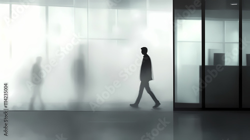 A silhouette of a man walking through a misty office environment with blurred figures. Solitude. Illustration