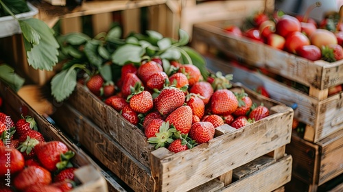 Fresh Strawberries in Rustic Wooden Crates at a Farmers Market