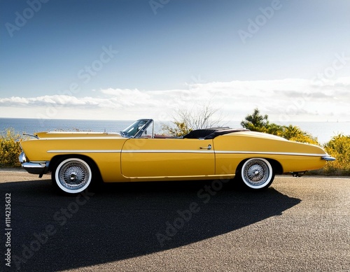 side view of a luxury yellow american coupe car from the seventies