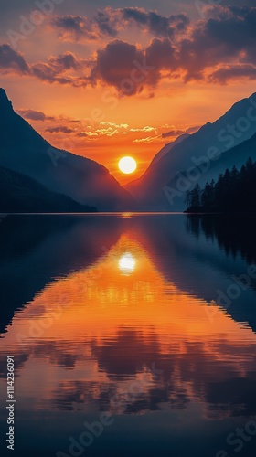 Sunset reflecting over calm water surrounded by mountains in serene landscape