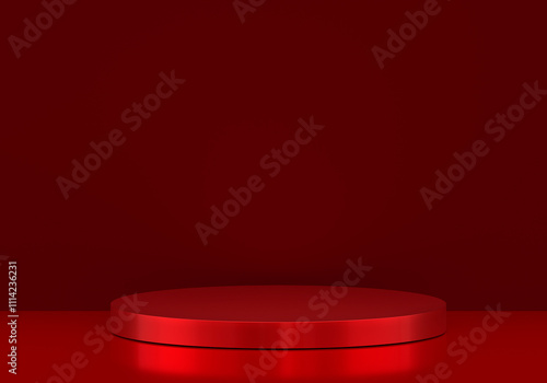Podium red shape for show cosmetic product display for christmas day or new years. stand product showcase on red background