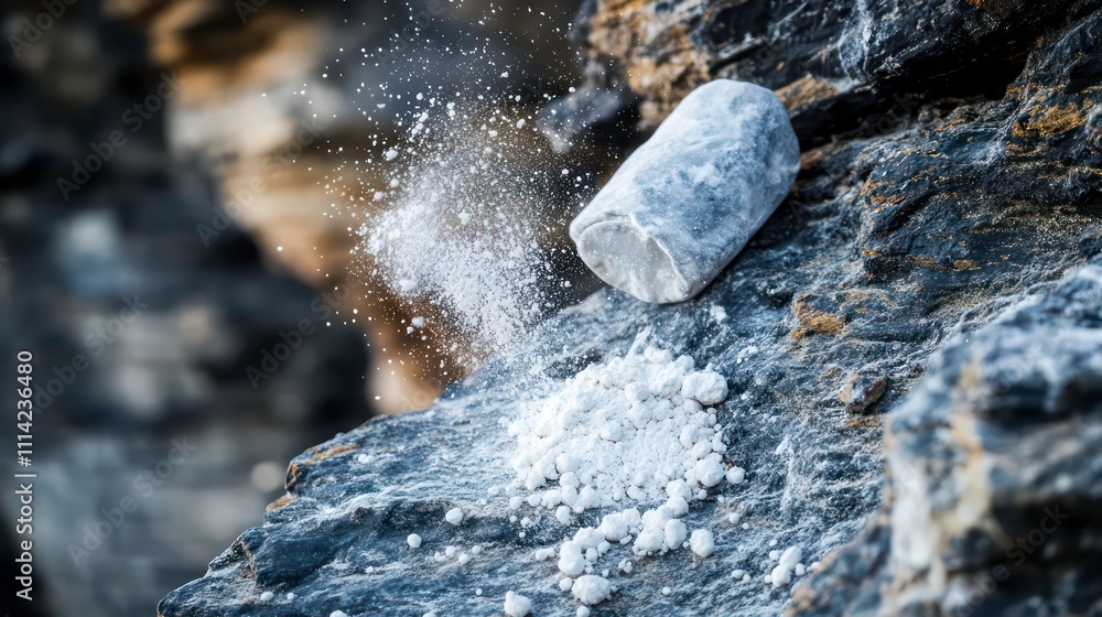 White powder spills from a container onto dark rocks. White powder spills from a container onto dark rocks.