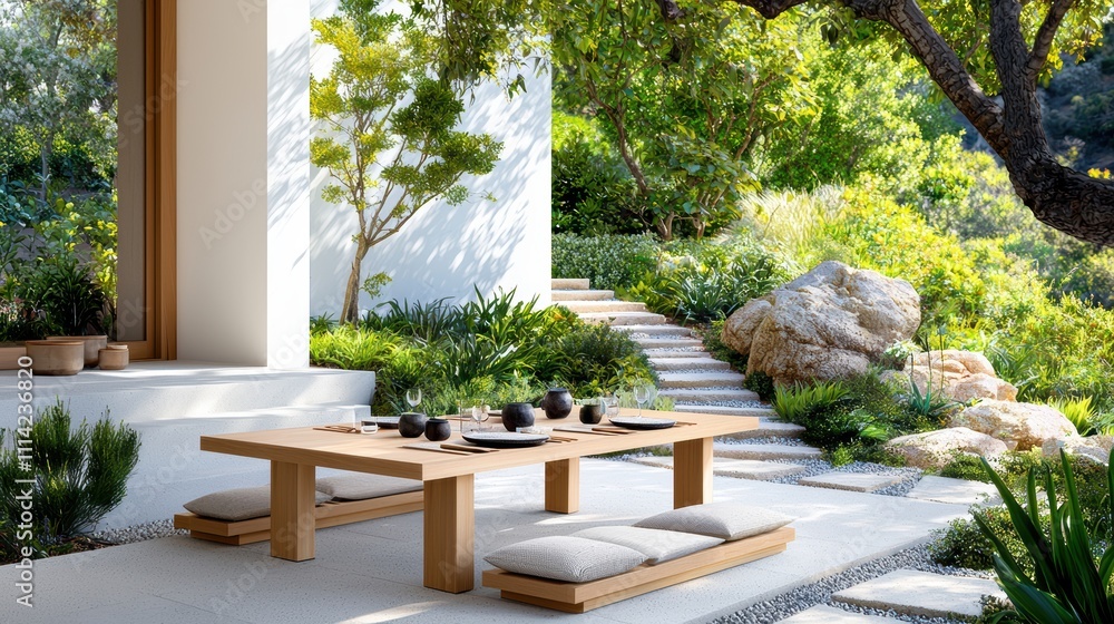 Serene Outdoor Dining Table Set in a Beautiful Zen Garden Landscape Serene Outdoor Dining Table Set in a Beautiful Zen Garden Landscape