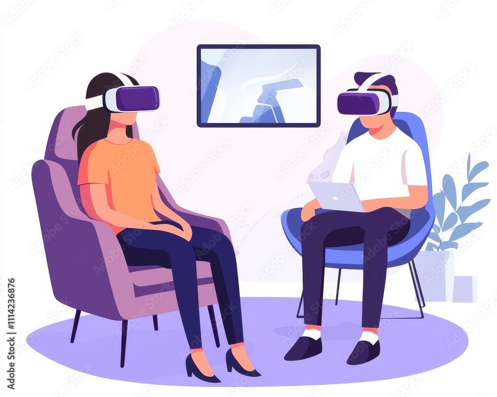 A woman and man with virtual reality headsets engage in an immersive digital experience, showcasing modern technology. A woman and man with virtual reality headsets engage in an immersive digital experience, showcasing modern technology.