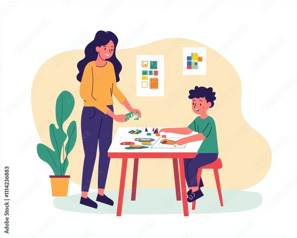 A cheerful Hispanic woman engages in arts and crafts with a young boy, fostering creativity and learning. A cheerful Hispanic woman engages in arts and crafts with a young boy, fostering creativity and learning.