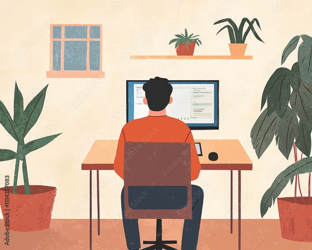 Fototapeta premium A young Caucasian man working at his desk, surrounded by greenery, creating a calm and productive workspace atmosphere.