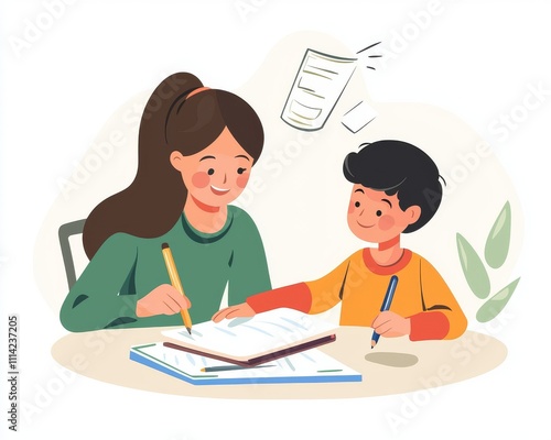 A joyful Hispanic woman and a boy engage in creative drawing at a table, surrounded by notes and plants.