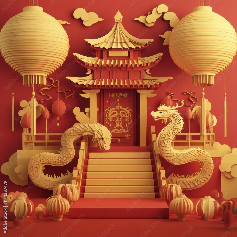 Fototapeta premium Chinese New Year Celebration: Paper Art Temple with Dragons and Lanterns