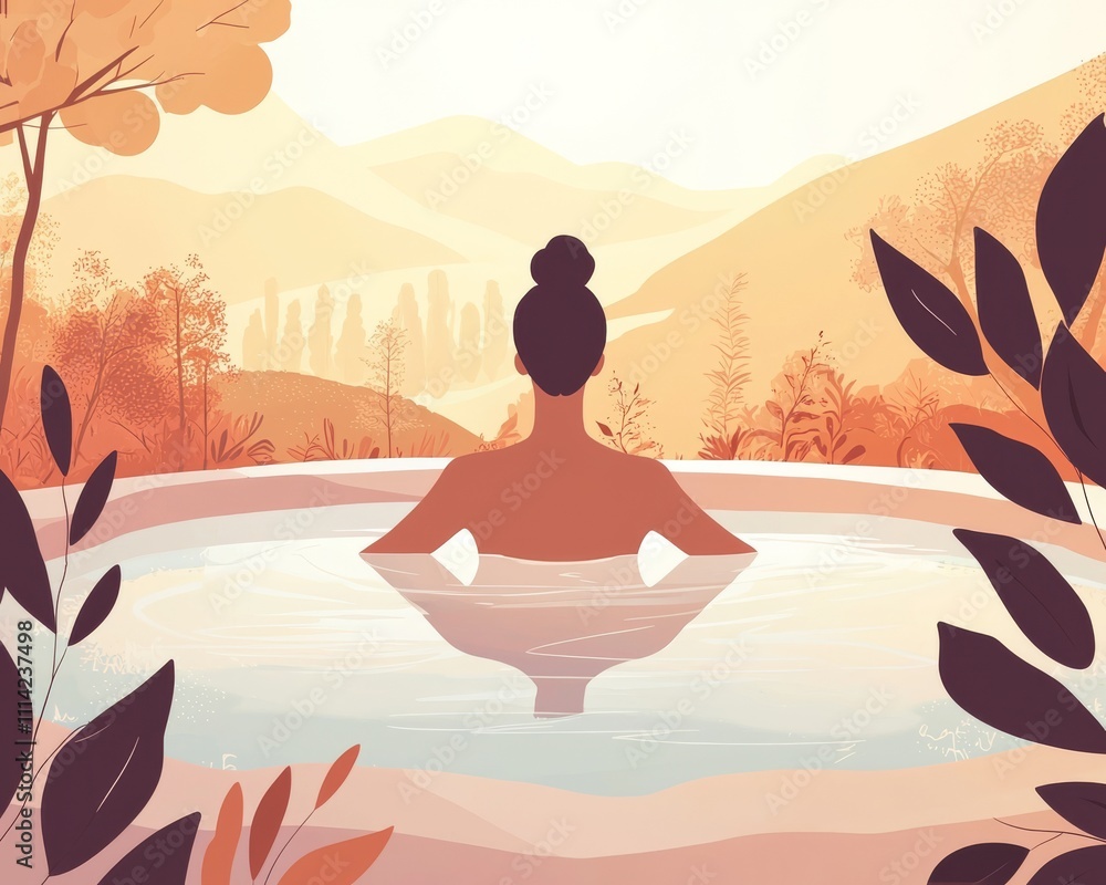 custom made wallpaper toronto digitalA serene silhouette of a woman enjoying a tranquil bath surrounded by nature's warm hues.