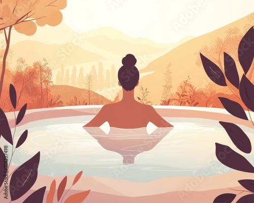 Wallpaper Mural A serene silhouette of a woman enjoying a tranquil bath surrounded by nature's warm hues. Torontodigital.ca
