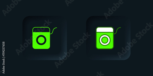 Green Dental floss icon isolated on black background. Black square button. Vector