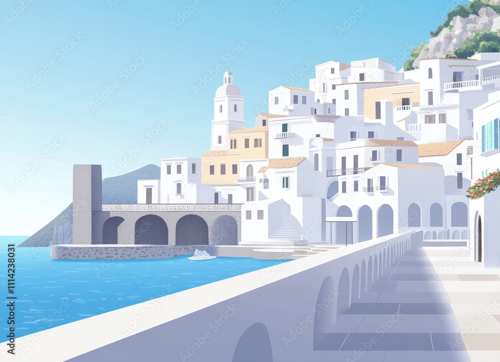 Fototapeta premium Coastal Village with White Buildings and Sunny Sky