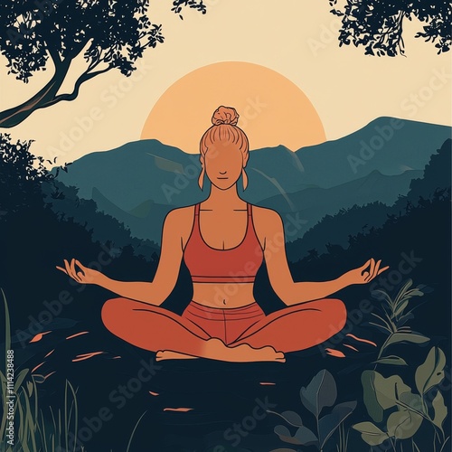 Wallpaper Mural A serene scene of a young woman meditating in nature at sunset, surrounded by mountains and lush greenery. Torontodigital.ca