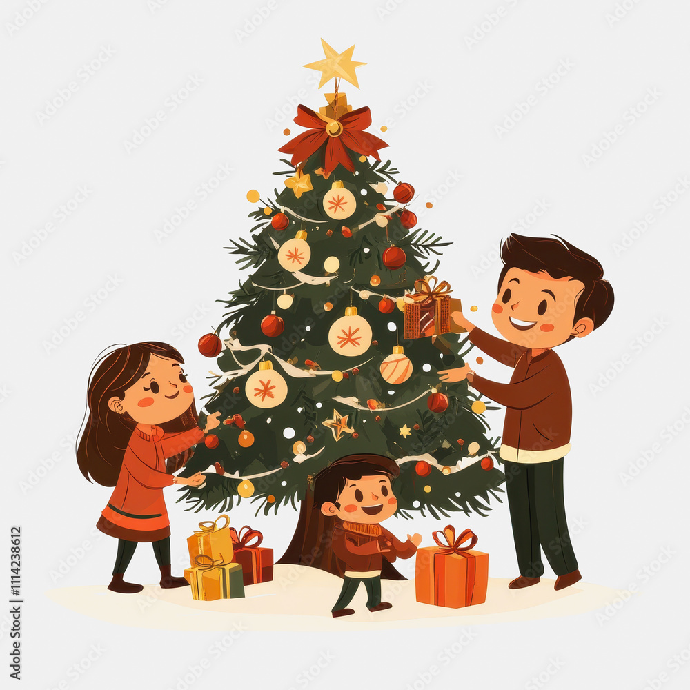 A Family Decorating a Christmas Tree Together with Holiday Gifts and Ornaments in a Cozy and Joyful Atmosphere Celebrating the Festive Season A Family Decorating a Christmas Tree Together with Holiday Gifts and Ornaments in a Cozy and Joyful Atmosphere Celebrating the Festive Season
